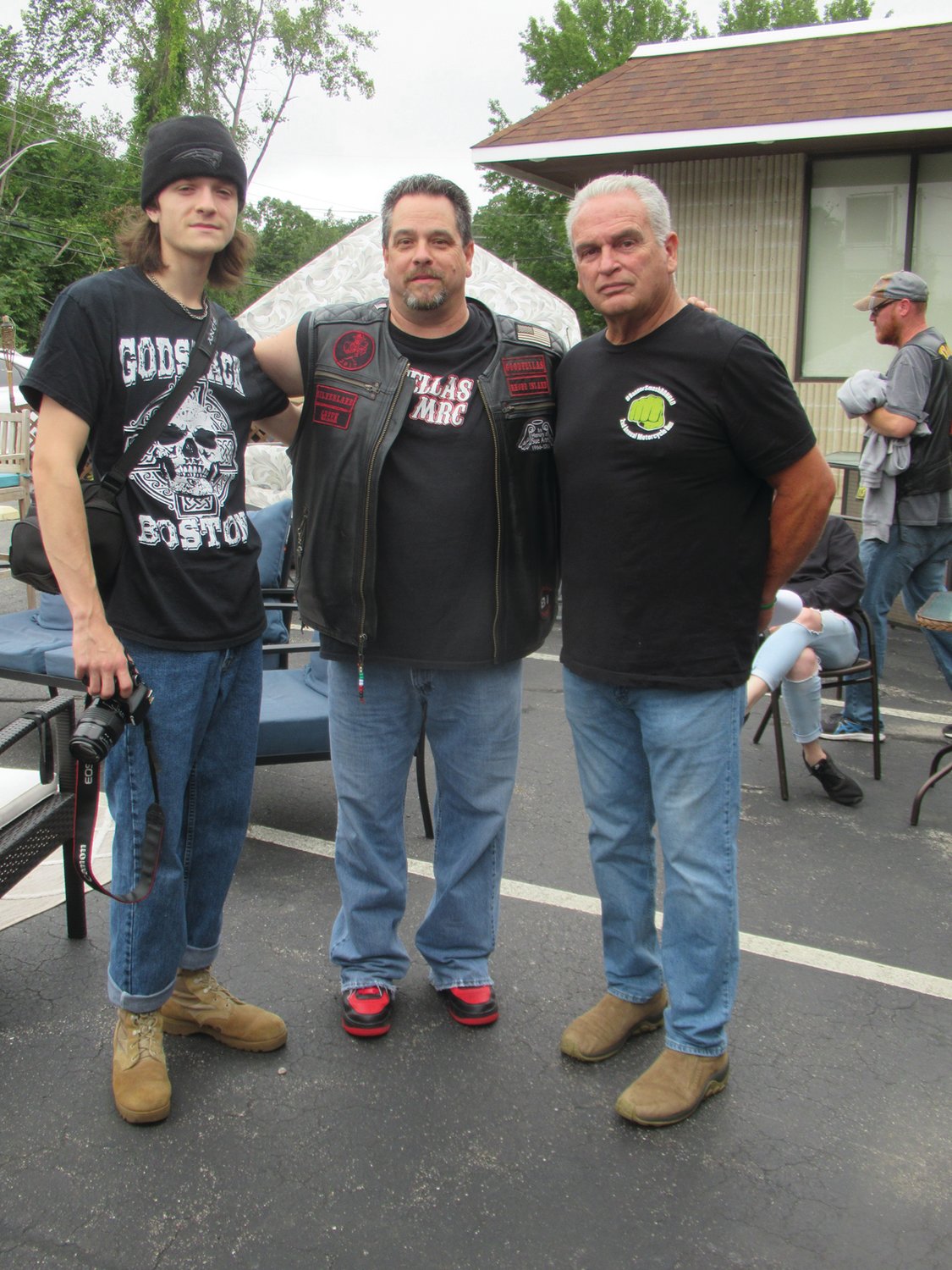 PRESIDENT’S PALS: Gene Benedetti (center), president of the Goodfellas Motorcycle Club, is joined by his son Dimitri, a former class president at Johnston High School and Al Topp from the VFW Post in Warwick.